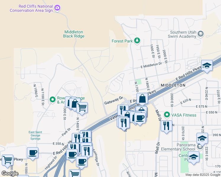 map of restaurants, bars, coffee shops, grocery stores, and more near 840 Twin Lakes Drive in St. George