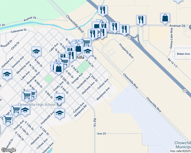 map of restaurants, bars, coffee shops, grocery stores, and more near 435 South 2nd Street in Chowchilla