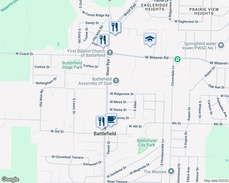 map of restaurants, bars, coffee shops, grocery stores, and more near 4231 Ridgeview Street in Battlefield