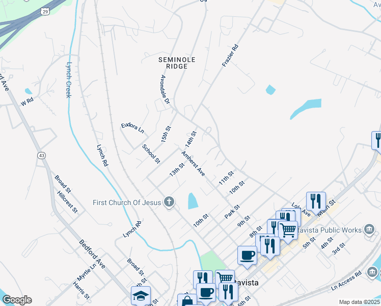 map of restaurants, bars, coffee shops, grocery stores, and more near 1401 Amherst Avenue in Altavista
