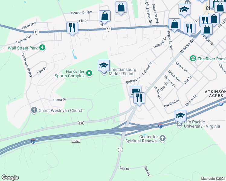 map of restaurants, bars, coffee shops, grocery stores, and more near 1200 Buffalo Drive in Christiansburg