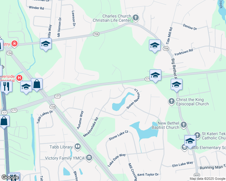 map of restaurants, bars, coffee shops, grocery stores, and more near 306 Meadowlake Road in Yorktown