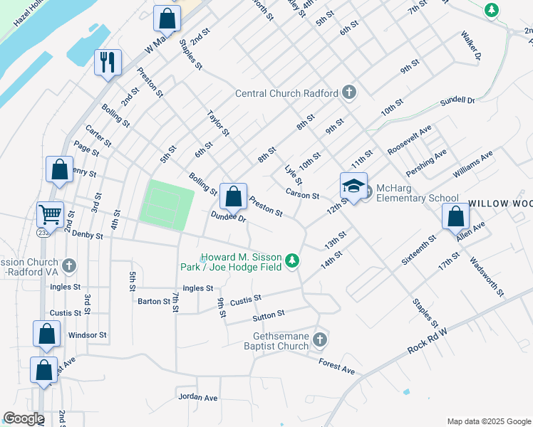 map of restaurants, bars, coffee shops, grocery stores, and more near 1000-1030 Preston Street in Radford