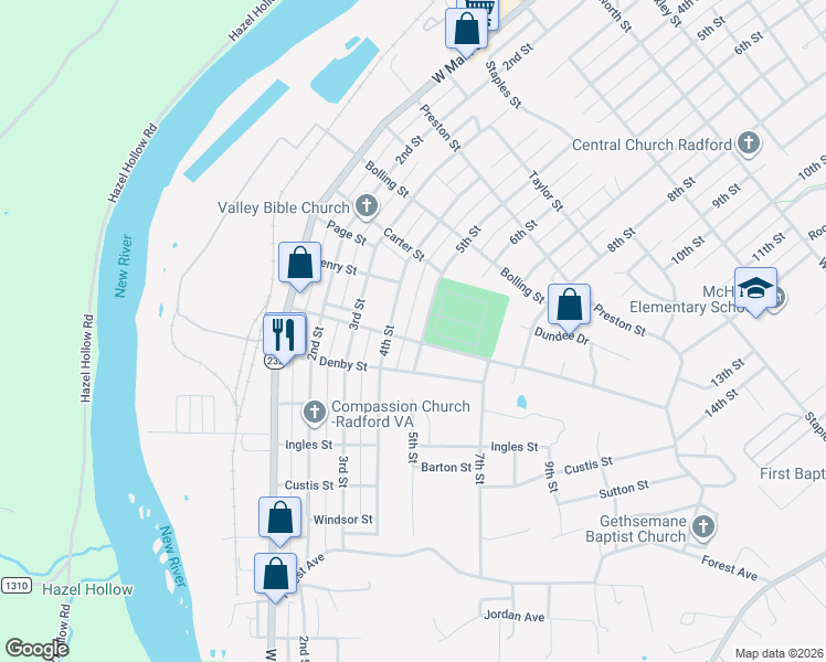 map of restaurants, bars, coffee shops, grocery stores, and more near 1521-1599 5th Street in Radford