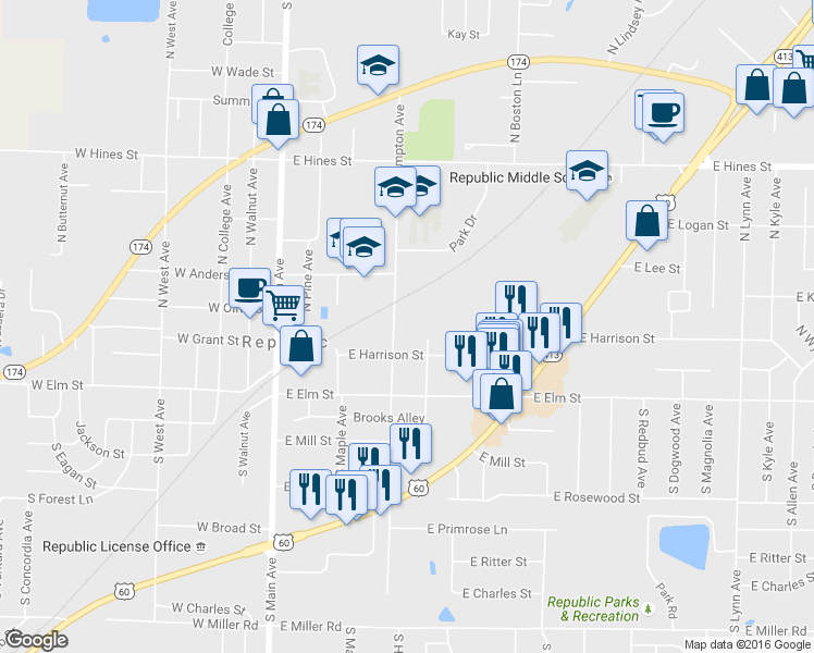 map of restaurants, bars, coffee shops, grocery stores, and more near 226 North Hampton Avenue in Republic
