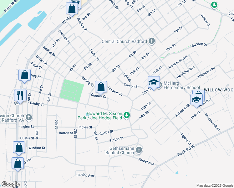 map of restaurants, bars, coffee shops, grocery stores, and more near 1016 Preston Street in Radford