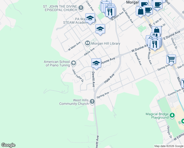 map of restaurants, bars, coffee shops, grocery stores, and more near 975 Oak Park Drive in Morgan Hill