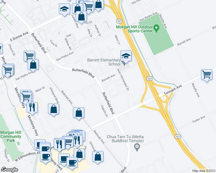 map of restaurants, bars, coffee shops, grocery stores, and more near 660 St Timothy Pl in Morgan Hill