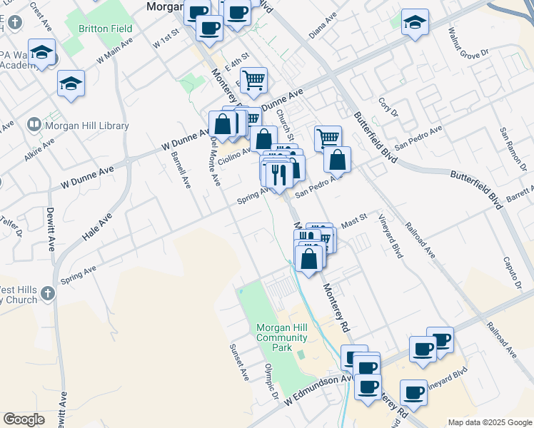 map of restaurants, bars, coffee shops, grocery stores, and more near 110 Foothill Court in Morgan Hill