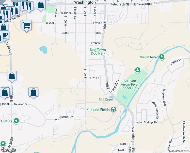 map of restaurants, bars, coffee shops, grocery stores, and more near 201 East 735 South in Washington