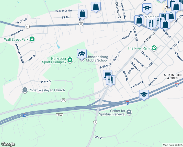 map of restaurants, bars, coffee shops, grocery stores, and more near 1200 Buffalo Drive in Christiansburg