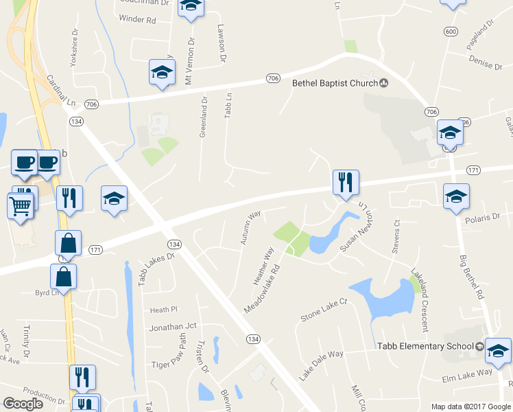 map of restaurants, bars, coffee shops, grocery stores, and more near 217 Autumn Way in Yorktown