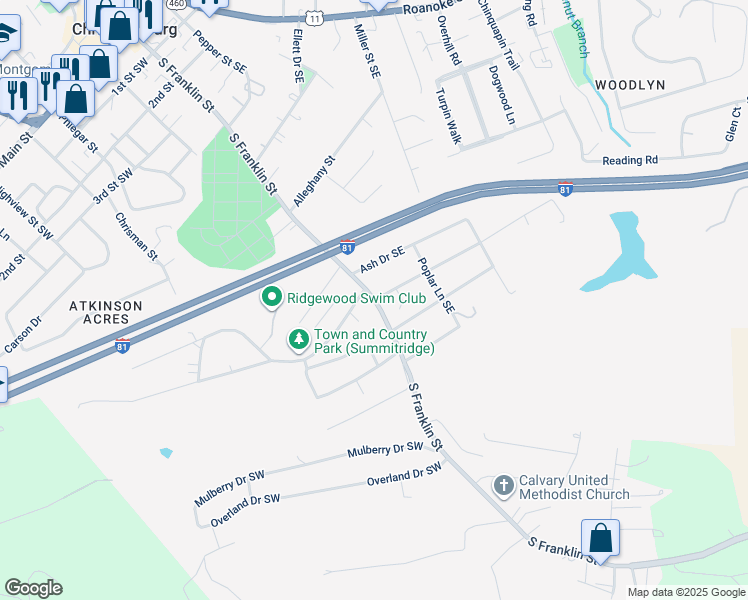map of restaurants, bars, coffee shops, grocery stores, and more near South Franklin Street in Christiansburg