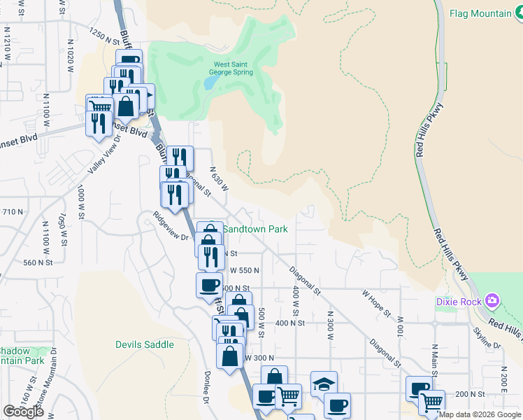 map of restaurants, bars, coffee shops, grocery stores, and more near 695 500 West Street in St. George