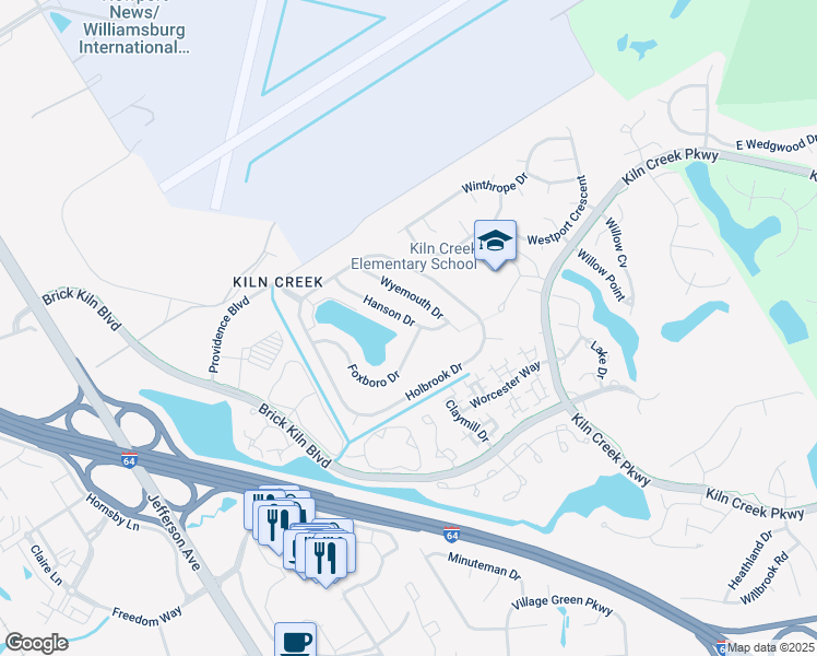 map of restaurants, bars, coffee shops, grocery stores, and more near 932 Hanson Drive in Newport News