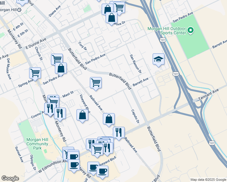 map of restaurants, bars, coffee shops, grocery stores, and more near 445 Barrett Avenue in Morgan Hill