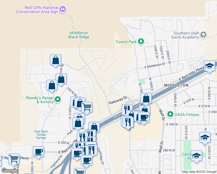 map of restaurants, bars, coffee shops, grocery stores, and more near 304 Twin Lakes Drive in St. George