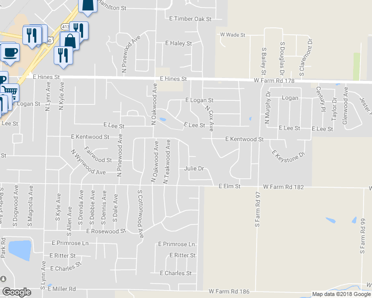 map of restaurants, bars, coffee shops, grocery stores, and more near 313 N Jasmine Dr in Republic