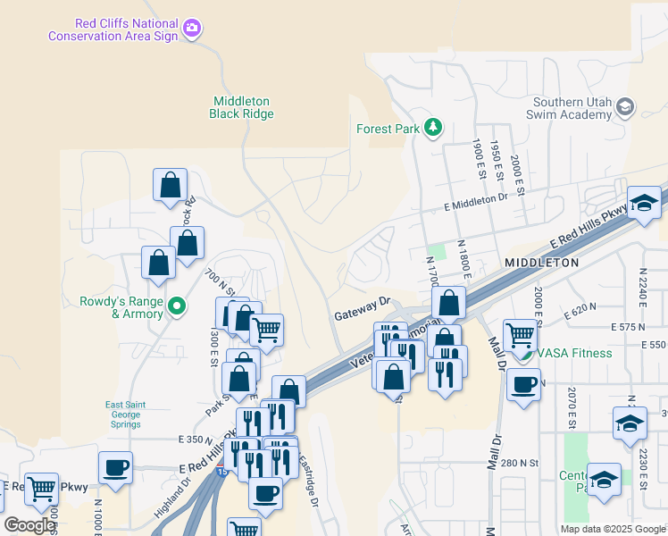 map of restaurants, bars, coffee shops, grocery stores, and more near 304 Twin Lakes Drive in St. George