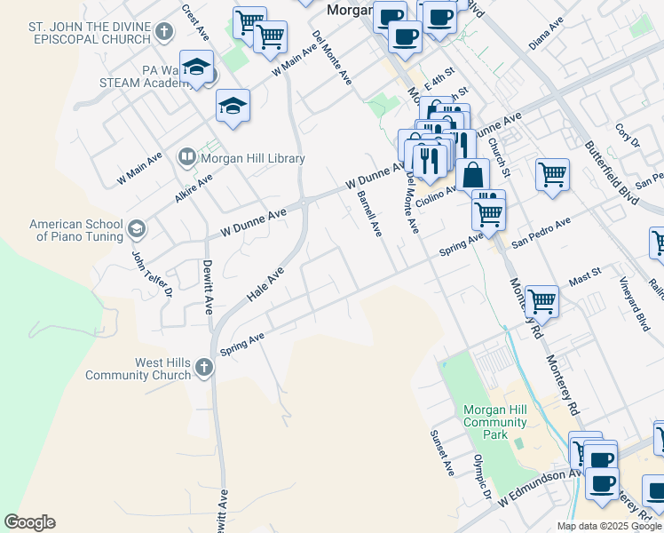 map of restaurants, bars, coffee shops, grocery stores, and more near 16760 Spring Hill Court in Morgan Hill