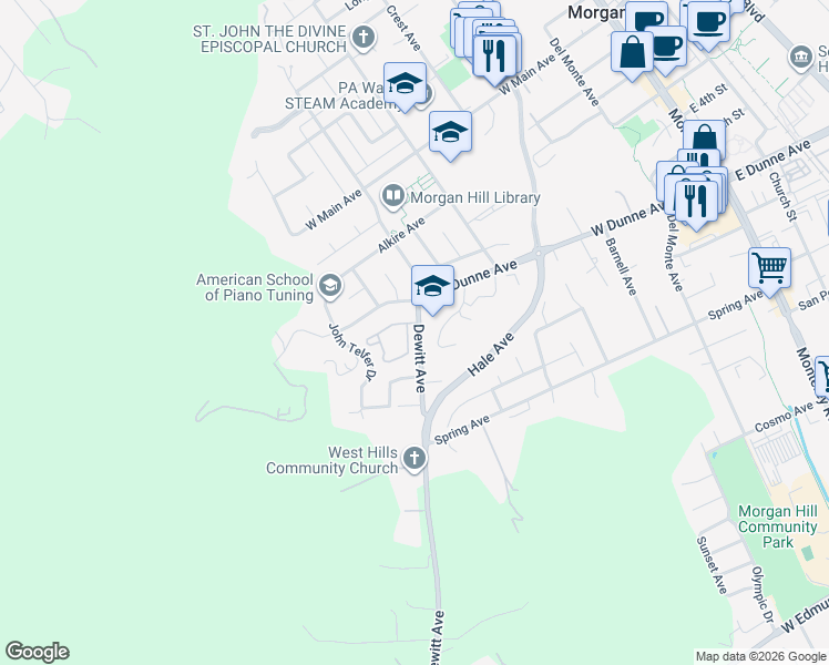 map of restaurants, bars, coffee shops, grocery stores, and more near 975 Oak Park Drive in Morgan Hill