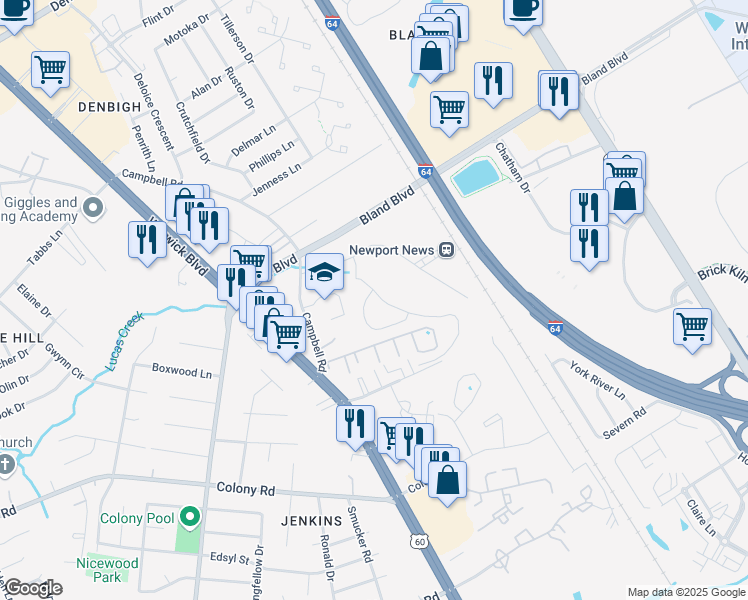 map of restaurants, bars, coffee shops, grocery stores, and more near 3640 Campbell Road in Newport News
