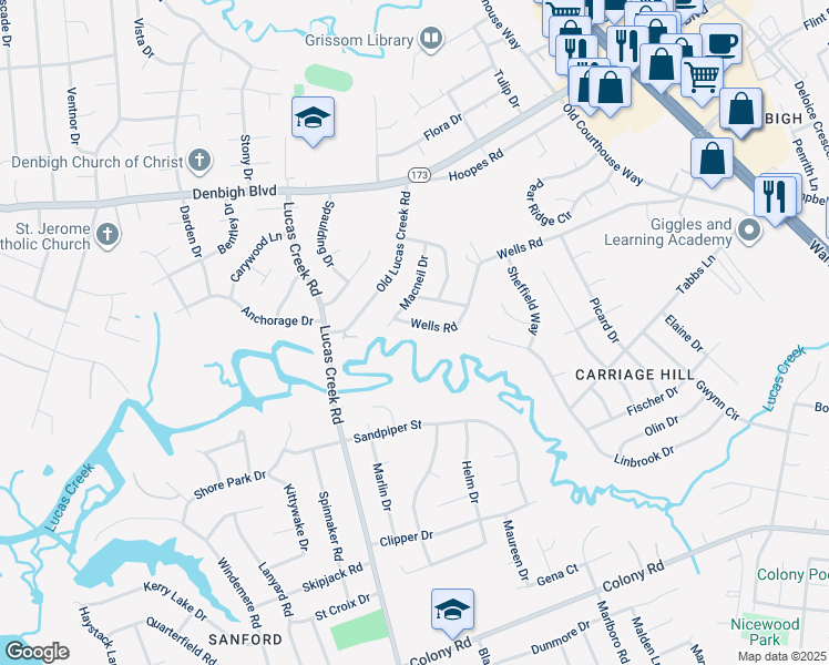 map of restaurants, bars, coffee shops, grocery stores, and more near 106 Wells Road in Newport News
