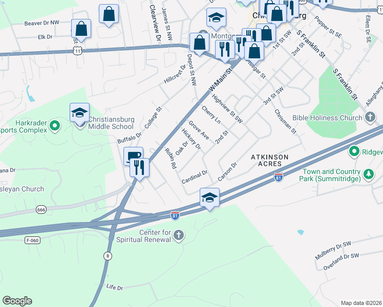 map of restaurants, bars, coffee shops, grocery stores, and more near 945 Hummingbird Drive in Christiansburg