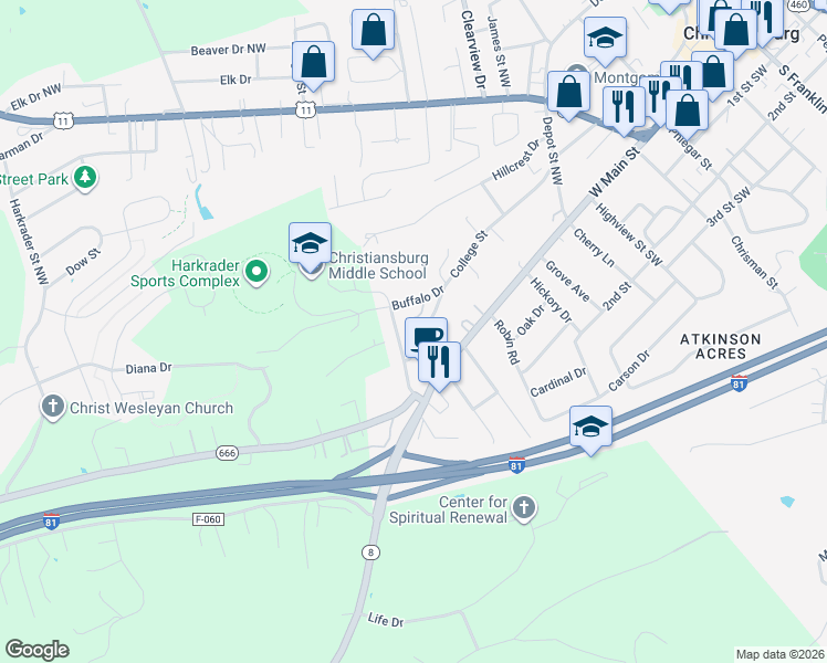 map of restaurants, bars, coffee shops, grocery stores, and more near 1105 College Street in Christiansburg