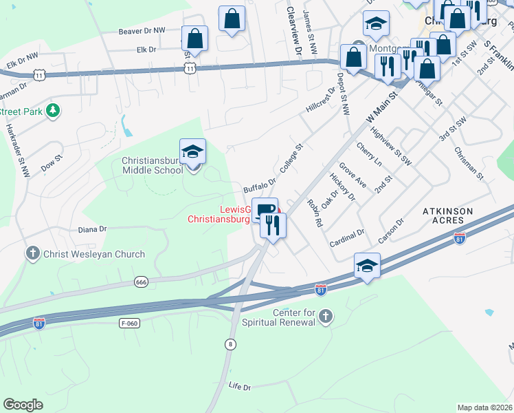 map of restaurants, bars, coffee shops, grocery stores, and more near 1105 College Street in Christiansburg