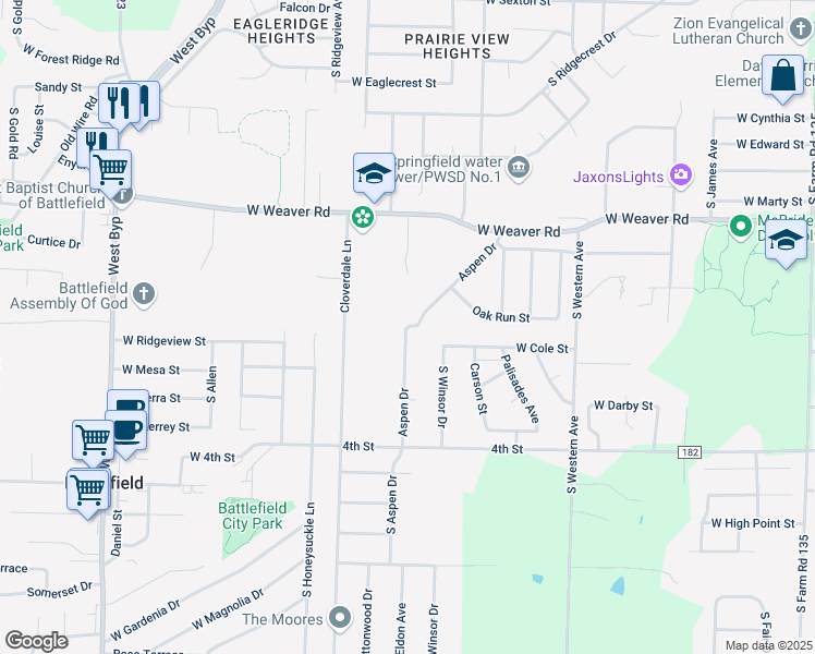 map of restaurants, bars, coffee shops, grocery stores, and more near 5192 Aspen Drive in Battlefield