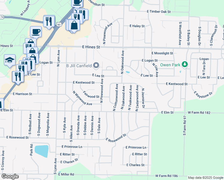 map of restaurants, bars, coffee shops, grocery stores, and more near 304 North Elmwood Avenue in Republic