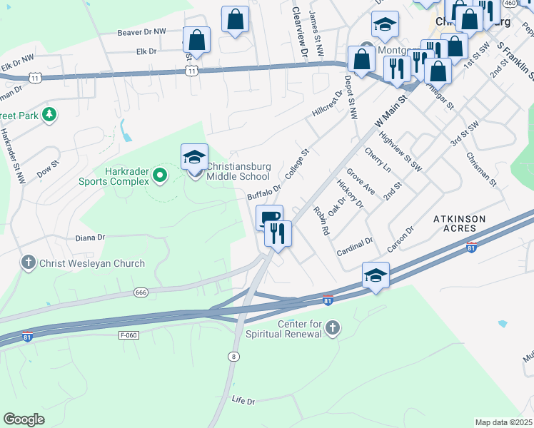 map of restaurants, bars, coffee shops, grocery stores, and more near 1105 College Street in Christiansburg
