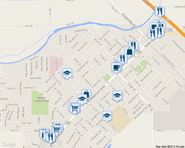 map of restaurants, bars, coffee shops, grocery stores, and more near 716 Riverside Avenue in Chowchilla
