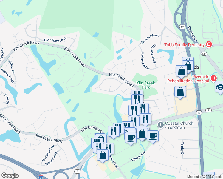 map of restaurants, bars, coffee shops, grocery stores, and more near 118 Tradewinds Drive in Yorktown