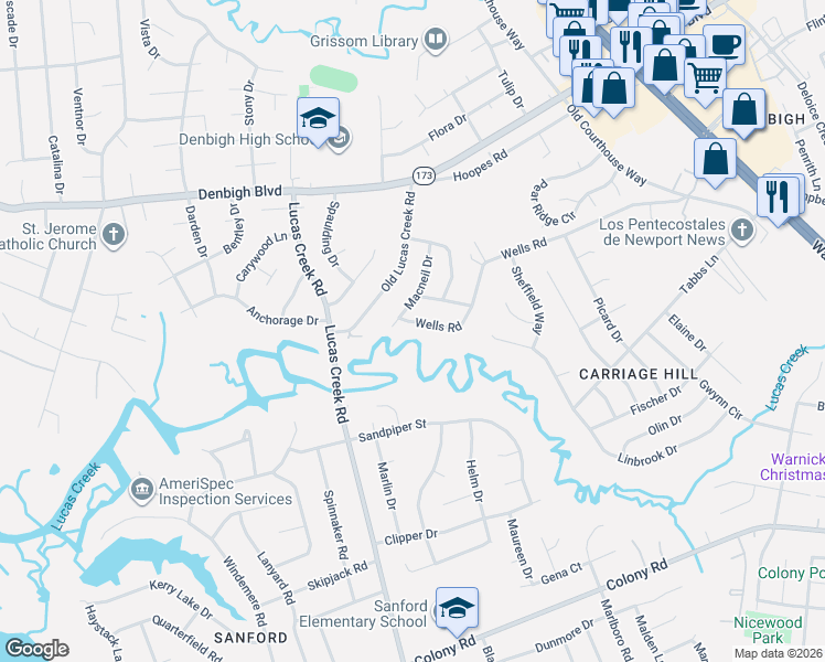 map of restaurants, bars, coffee shops, grocery stores, and more near 106 Wells Road in Newport News