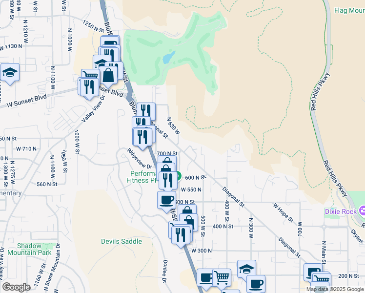 map of restaurants, bars, coffee shops, grocery stores, and more near 560 Diagonal Street in St. George