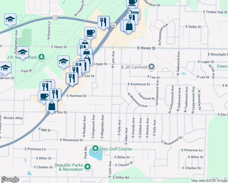 map of restaurants, bars, coffee shops, grocery stores, and more near 204 North Lynn Avenue in Republic