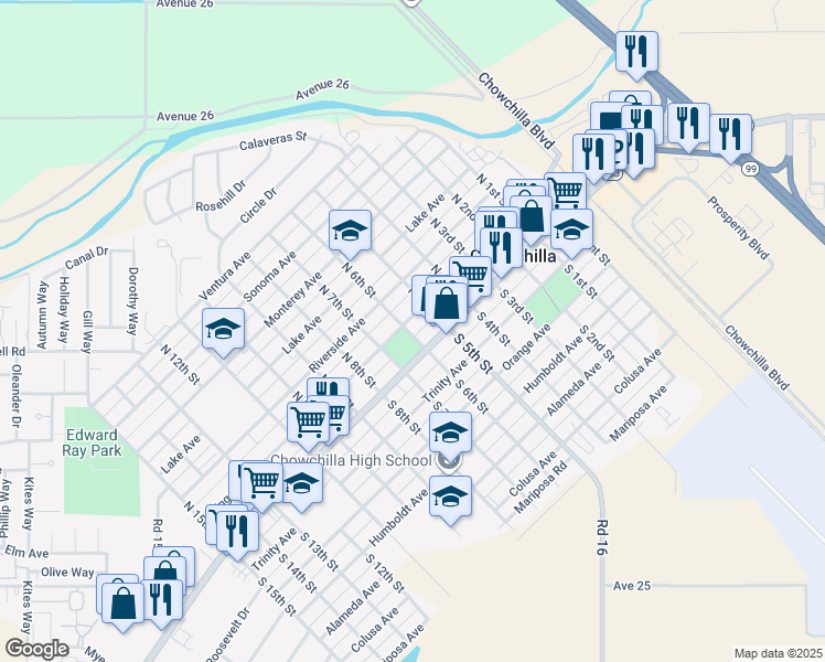 map of restaurants, bars, coffee shops, grocery stores, and more near 140 North 6th Street in Chowchilla