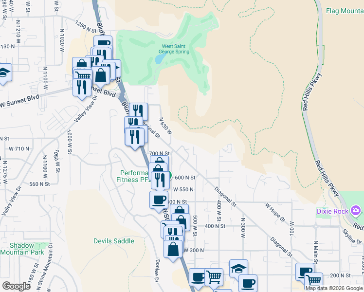 map of restaurants, bars, coffee shops, grocery stores, and more near 550 West Diagonal in Saint George