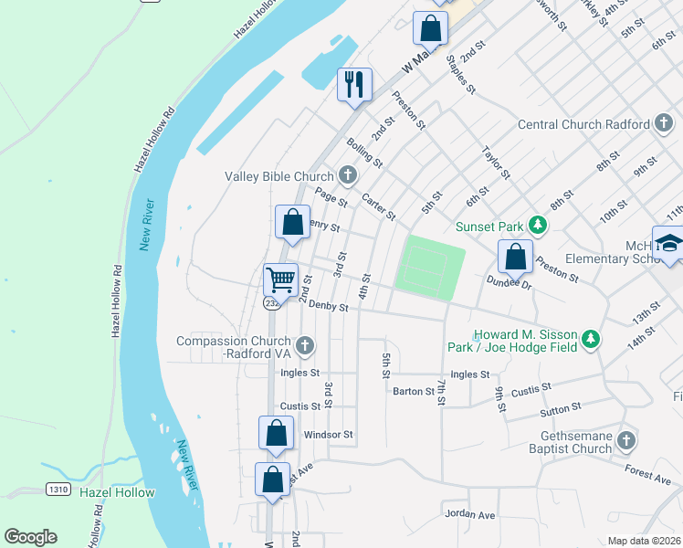 map of restaurants, bars, coffee shops, grocery stores, and more near 206 Pendleton Street in Radford