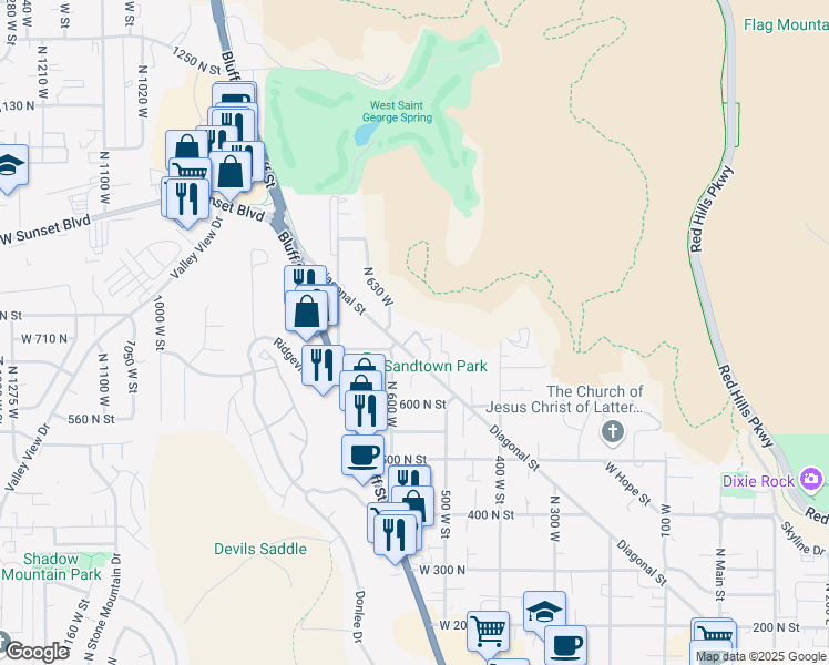 map of restaurants, bars, coffee shops, grocery stores, and more near 302 West Diagonal in St. George