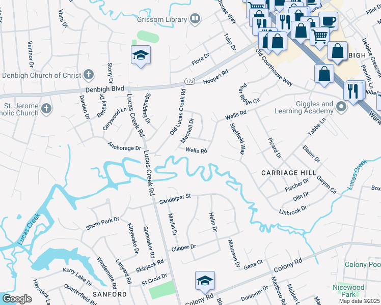 map of restaurants, bars, coffee shops, grocery stores, and more near 108 Wells Road in Newport News