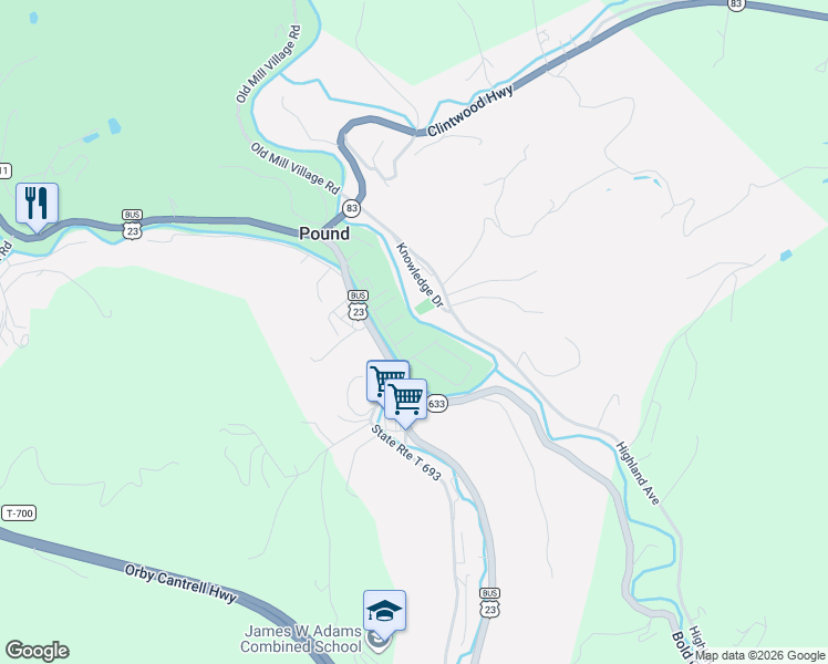 map of restaurants, bars, coffee shops, grocery stores, and more near 8598 Hickory Street in Pound