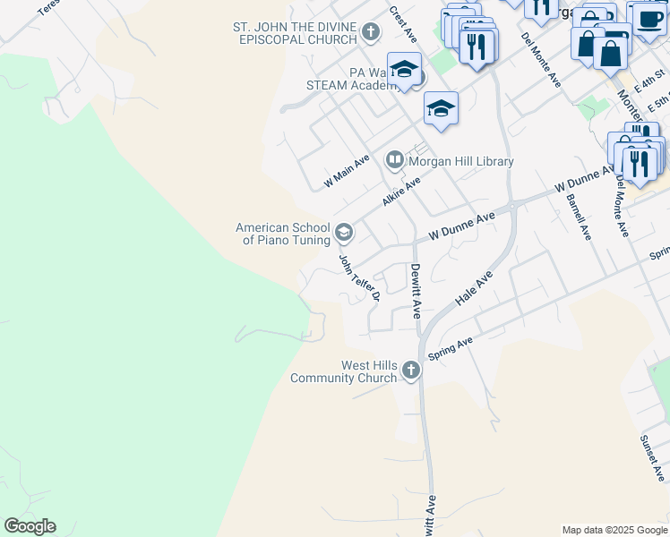 map of restaurants, bars, coffee shops, grocery stores, and more near 1055 West Dunne Avenue in Morgan Hill