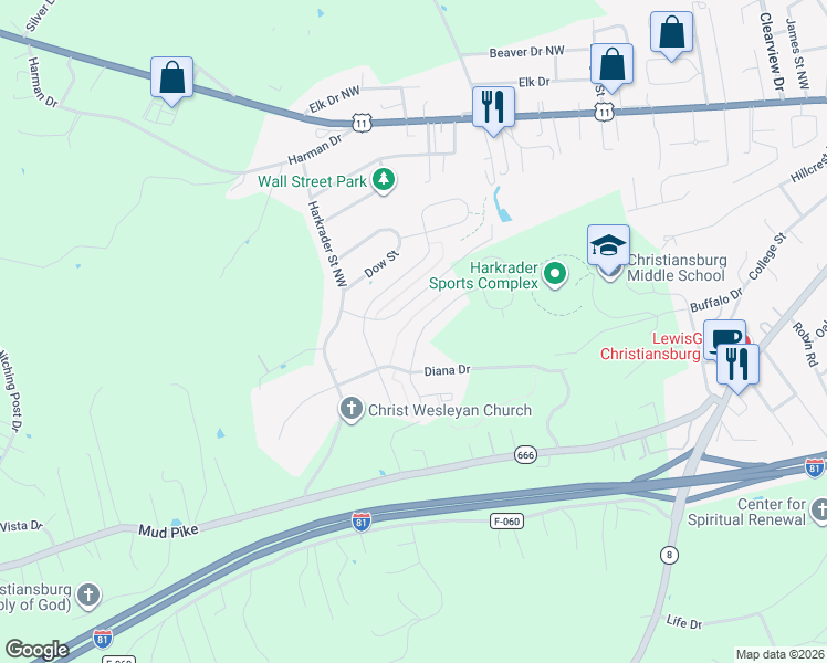 map of restaurants, bars, coffee shops, grocery stores, and more near 145 Aldwych Avenue in Christiansburg