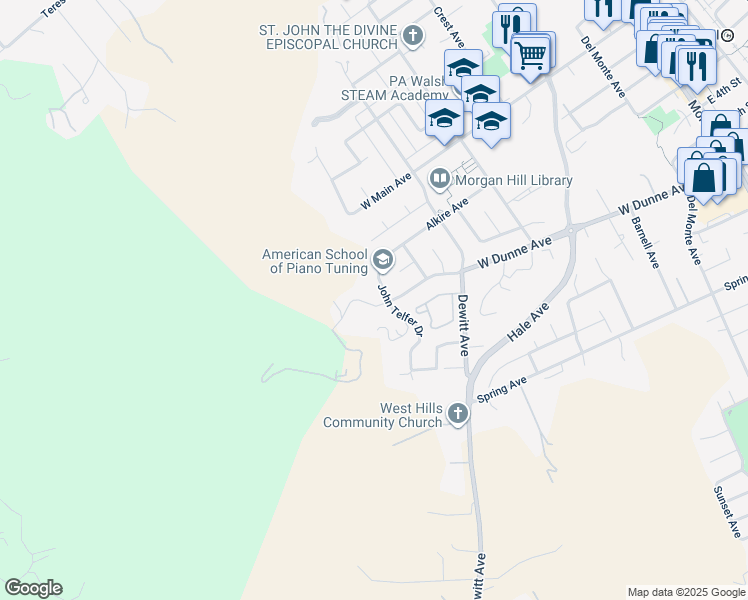 map of restaurants, bars, coffee shops, grocery stores, and more near 1055 West Dunne Avenue in Morgan Hill
