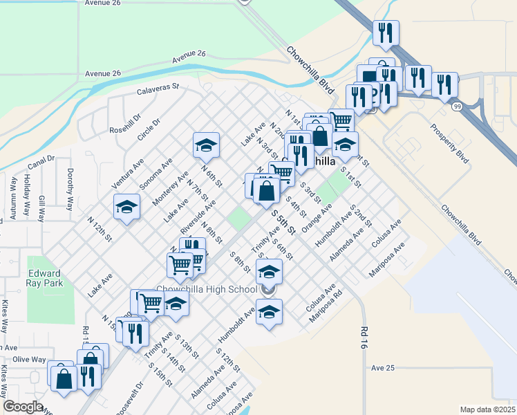 map of restaurants, bars, coffee shops, grocery stores, and more near 140 North 6th Street in Chowchilla