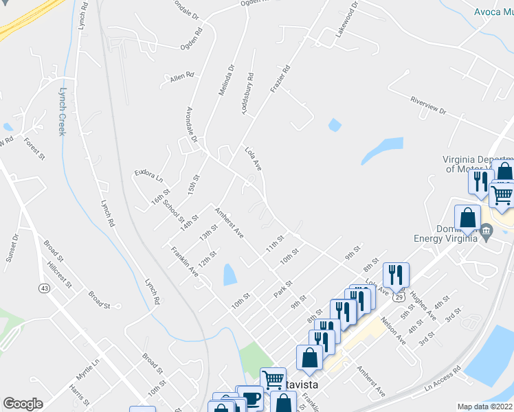 map of restaurants, bars, coffee shops, grocery stores, and more near 1200 Avondale Drive in Altavista