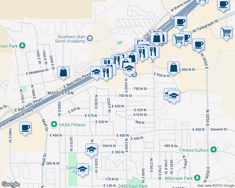 map of restaurants, bars, coffee shops, grocery stores, and more near 2395 East 700 North in St. George